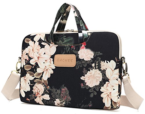 Dachee Black Peony Patten Waterproof Laptop Shoulder Messenger Bag Case Sleeve for 14 Inch 15 Inch Laptop Case Laptop Briefcase 15.6 Inch