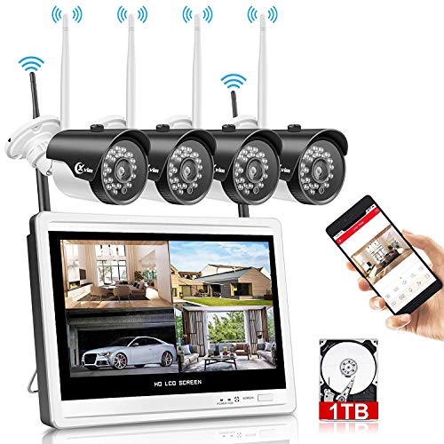 XVIM 12' Monitor Wireless Security Camera System with 1TB Hard Drive for Home, 4pcs 2.0MP Outdoor Waterproof IP Cameras, 4 Channel HD 1080P WiFi Video Surveillance Cameras DVR Kits,Easy Remote View