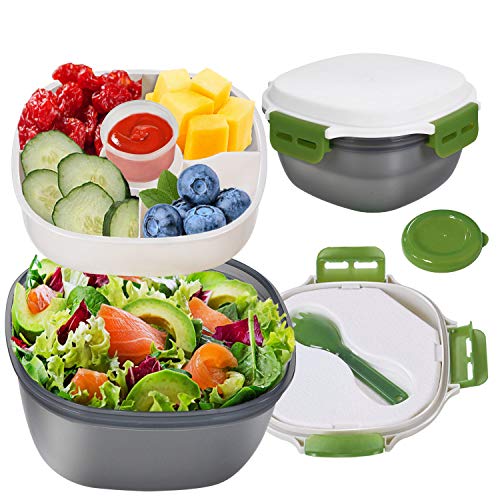 Fresh Salad Lunch Container with Built-In Detachable Ice Pack to Keep Fresh, 41 oz Salad Bowl and 4 Compartments Tray for Salad, Toppings and Snacks, 1.3 oz Sauce Container for Dressings