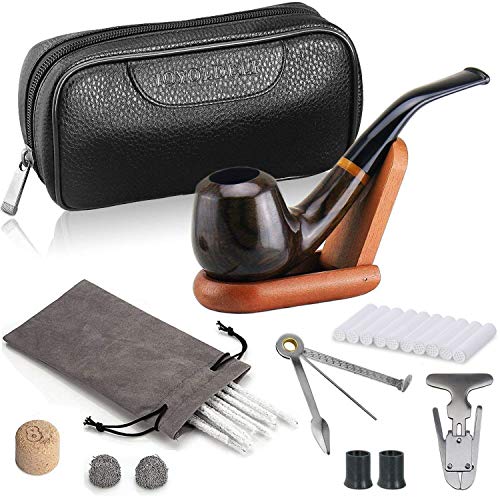Joyoldelf Luxury Tobacco Smoking Pipe Set, Deepened & Windproof Wooden Pipe with Leather Tobacco Pouch, Wood Stand and Smoking Accessories
