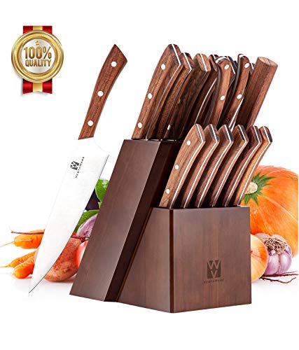 Vestaware Knife Set, 16-Piece Chef Knife Set with Knife Sharpener, Stainless Steel Kitchen Knives Set with Wooden Block, 6 Steak Knives and Bonus Scissors