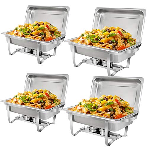 SUPER DEAL 8 Qt Stainless Steel 4 Pack Full Size Chafer Dish w/Water Pan, Food Pan, Fuel Holder and Lid For Buffet/Weddings/Parties/Banquets/Catering Events (4)