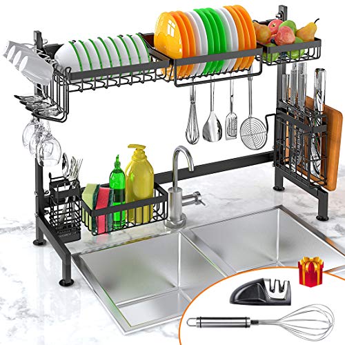 Dish Drying Rack Over Sink, iBesi Stainless Steel Sturdy Dishes Drainer Space Saver Supplies Storage Shelf With Utensils Holder for Kitchen Sink Tableware Countertop(Sink Size≤33in)