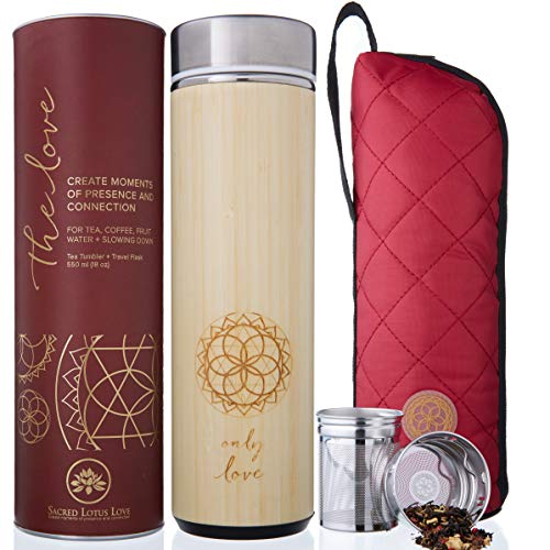The Love Bamboo Tea Tumbler with tea Strainer and Infuser + Sleeve | NEW Leak-proof Lid. 511ml/18oz for Loose Leaf Tea Mug, Coffee Cup & Fruit Water Flask | Vacuum Insulated Travel Bottle. BPA Free