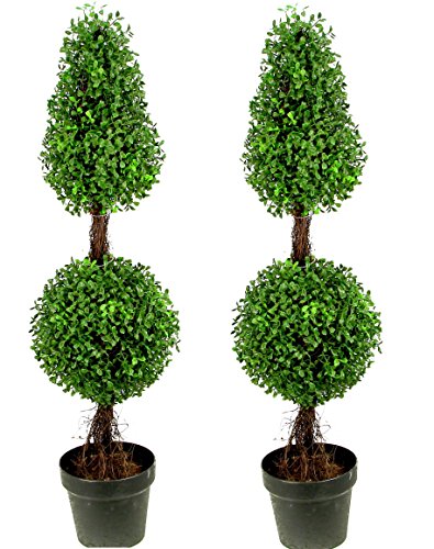 Admired By Nature 3’ Artificial Boxwood Leave Double Ball Shaped Topiary Plant Tree in Plastic Pot, Green/Two-tone- Set of 2