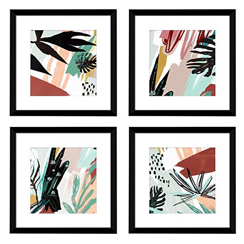 ArtbyHannah 10 x 10 Inch 4 Panels Wall Art Framed Poster Black Picture Frame Collage Set with Mat Modern Abstract Wall Art Décor with Tropical Botanical Plant Prints for Gallery Wall Kit Black