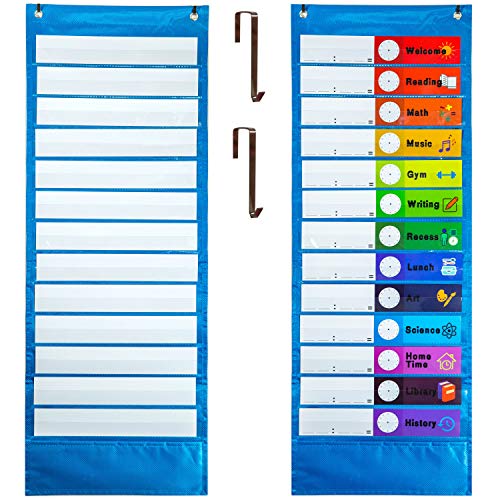 Youngever Classroom Pocket Chart,13+1 Pocket, Daily Schedule Pocket Chart, 26 Double-Sided Reusable Dry-Eraser Cards (13 Color+13 Blank) Educational Charts for Classroom Office Home Preschool Activity