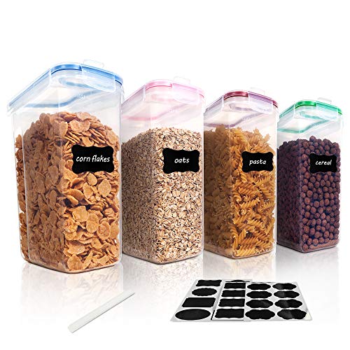 Vtopmart Cereal Storage Container Set, BPA Free Plastic Airtight Food Storage Containers 135.2 fl oz for Cereal, Snacks and Sugar, 4 Piece Set Cereal Dispensers with 24 Chalkboard Labels