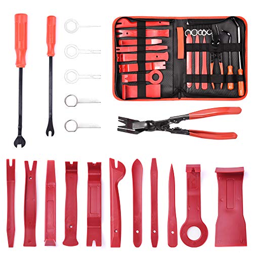 MICTUNING 19Pcs Auto Audio Trim Removal Tool Set & Clip Plier Upholstery Fastener Remover Nylon Dash Door Panel Stereo Tool Kits (Red)