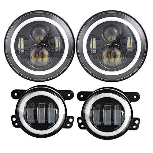 Dot Approved 7inch Jeep LED Headlights with White DRL/Amber Turn Signal + 4 inch LED Fog Lights with White DRL Halo Ring for Jeep Wrangler 97-2017 JK LJ Tj