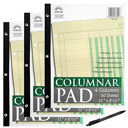 Norcom Columnar Pad, 4 Columns, Designed in the USA, 11 x 8.5 Inches, 50 Sheets (76704) Pack of 3 plus 1 Ultra Smooth Pen by JustWritin'