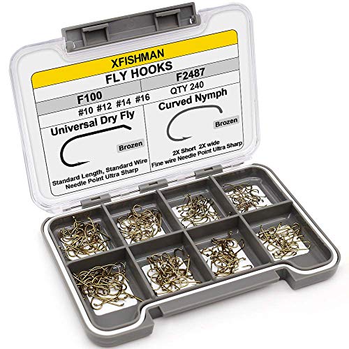 XFISHMAN Fly Hooks for Fly Tying Dry Wet Nymph Flies Curved Fishing Hooks 10# ~16# Assortment Pack of 240 Hooks with Box…