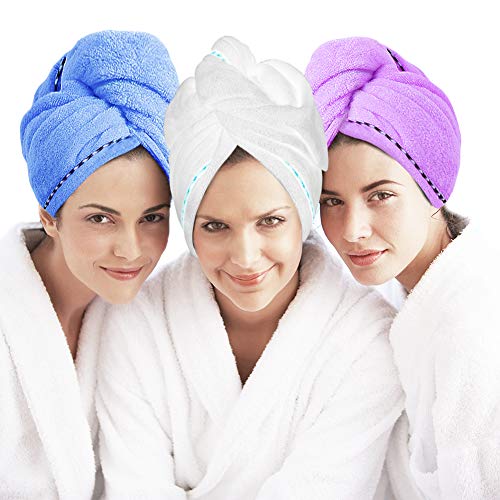 Laluztop Microfiber Hair Towel Turban Wrap 3 Pack Anti Frizz Absorbent & Soft Shower Head Towel, Quick Dryer Hat, Bathing Wrapped Cap for Women Girls Mom Daughter (Large, Blue&Purple&White)