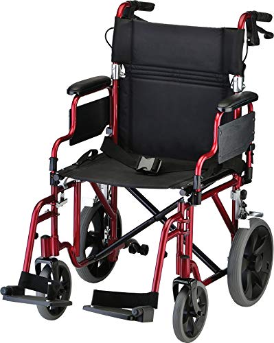 NOVA Lightweight Transport Chair with Locking Hand Brakes, 12” Rear Wheels, Removable & Flip Up Arms for Easy Transfer, Anti-Tippers Included, Red