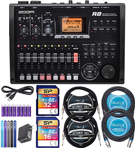 Zoom R8 Multitrack Recorder Bundle with 16GB and 32GB Class 10 SDHC SD Cards, Blucoil 2-Pack of 10-FT Straight Instrument Cables (1/4in), 2x 10' XLR Cables, 5x Cable Ties, and 8 AA Batteries