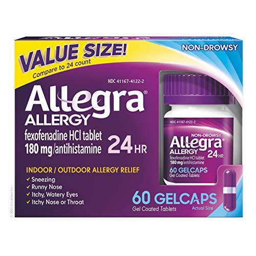 Allegra Allergy 24 Hour Gelcaps 180 mg 60 Count Long-Lasting Fast-Acting Antihistamine for Noticeable Relief from Indoor and Outdoor Allergy Symptoms