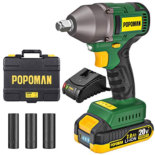 Impact Wrench, Brushless 20V MAX Cordless, 300 Ft-lbs Max Torque with 3 Speed Transmission, 1/2' Hog Ring Anvil, 59 Min Fast Charger, 3 Sockets, 2.0Ah Li-ion Battery, Tool Box - POPOMAN BHD850B