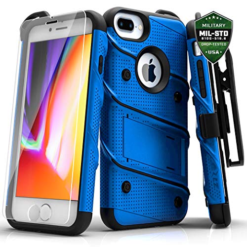 Zizo Bolt Series iPhone 8 Plus /7 Plus/ 6 plus/6s plus Case - Tempered Glass Screen Protector with Holster and 12ft Military Grade Drop Tested (Blue & Black)