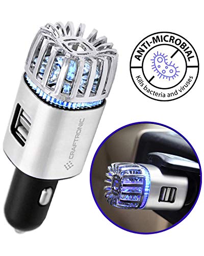 Craftronic® NanoActive™ | Car Air Purifier & Dual Fast Charge USB | 5.6 Million Negative Ion Anti-Microbial, Eliminates PM 2.5 Smoke, Pollutants, Virus, Bacteria, Odors | Relieve Allergy (Silver)
