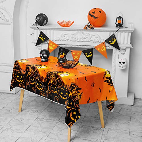 Halloween Party Tablecloth, 2 Pack 72x54” Disposable Table Cover, Rectangle Plastic Table Cloths for for Halloween Party Decoration Supplies, Pumpkin Hunted House