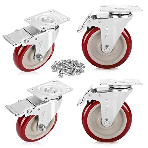 Moogiitools 5' Heavy Duty Swivel Casters Red Polyurethane Wheel with Brake 1500lbs (Set of 4)