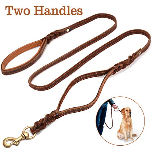 FOCUSPET Heavy Duty Leather Dog Leash with 2 Handles,Padded Traffic Handle for Extra Control,6Ft Dog Training Walking Leashes for Medium Large Dogs