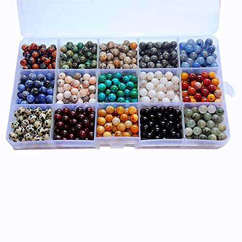 750pcs 6mm Natural Round Stone Beads Genuine Real Gemstone Beading Loose Gemstone Hole Size 1mm DIY Smooth Beads for Bracelet Necklace Earrings Jewelry Making,Box Packed. (15 Material, 6mm)