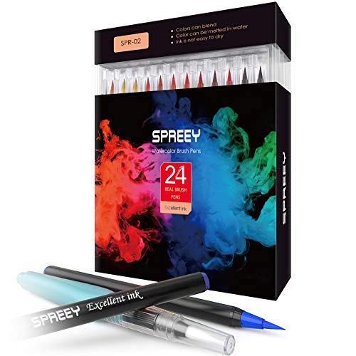 SPREEY Watercolor Brush Pens 24colors with Bonus Refillable Water Brush Highly Water-Soluble Ink Made in Japan for Painting, Coloring, and Watercolor Effects, for Adults and Kids