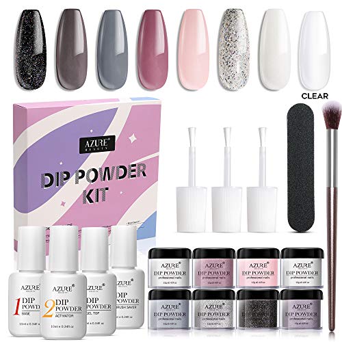 AZUREBEAUTY Nude Gray 8 Colors Dipping Powder Nail Starter Kit Acrylic Dipping Powder System Essential Kit for French Nail Manicure Nail Art Set