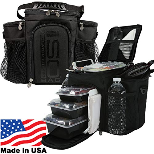 Meal Prep Bag ISOBAG 3 Meal Insulated Lunch Bag Cooler with 6 Stackable Meal Prep Containers, 2 Ice Pack ISOBRICKS, and Shoulder Strap - MADE IN USA (Blackout)