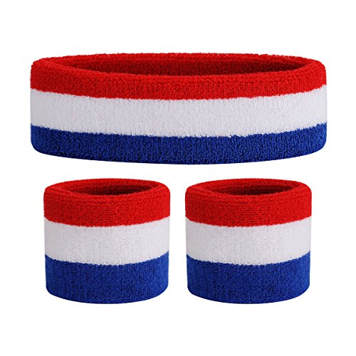 ONUPGO Kids Sweatbands Headband Wristband Set - Athletic Cotton Sweat Band for Sports (1 Headband + 2 Wristbands) (Red/White Blue)