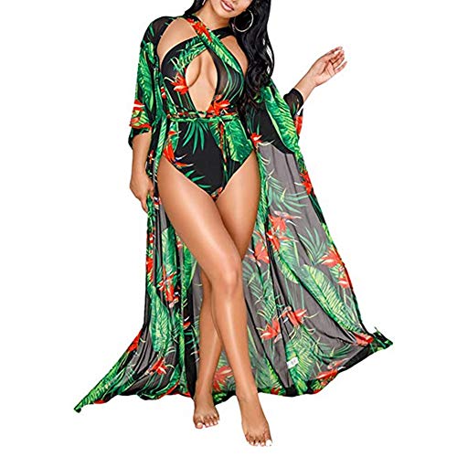 Women's Dyeing Bikini One Piece Swimsuit+Ponchos Cover Up Set Swimwear Beach Dress (X-Large, Green)