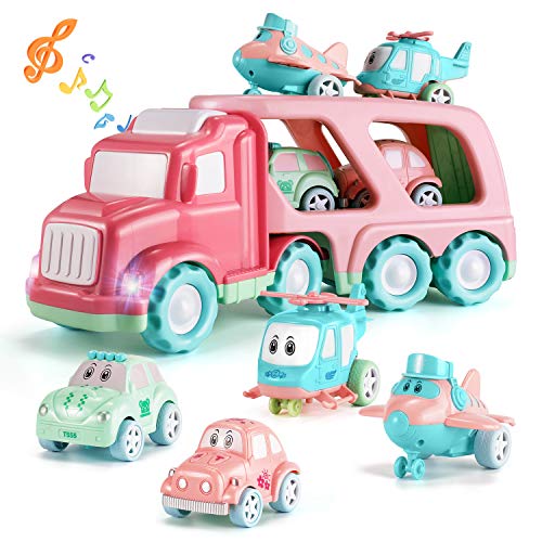 TEMI Cartoon Vehicles Playset Transport Car Carrier Truck - 5 in 1 Push and Go Trailer W/ Sounds & Lights, 4 Macaron Friction Power Car/Airplane/Helicopter