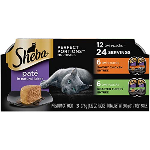 SHEBA PERFECT PORTIONS Soft Wet Cat Food Paté Savory Chicken Entrée and Roasted Turkey Entrée Multipack, (24) 2.6 oz. Easy Peel Twin-Pack Trays