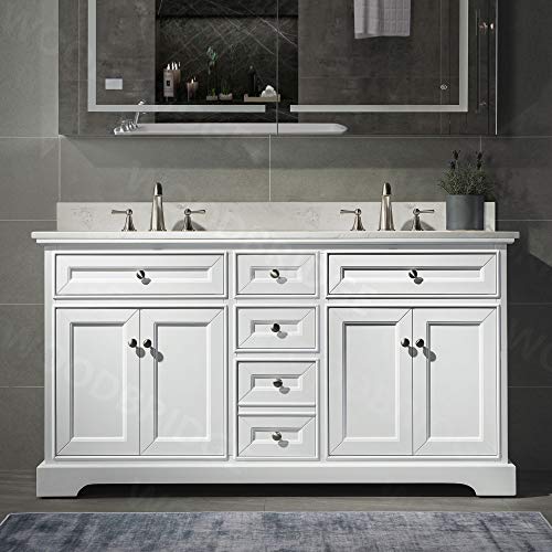 London 60'Bathroom Vanity with Engineered Quartz White Carrara Color top 8' faucet holes|Double Rectangle Undermount Sinks|4 Soft Closing Doors and 3 full Extension Dovetail Drawers|White Vanity Color