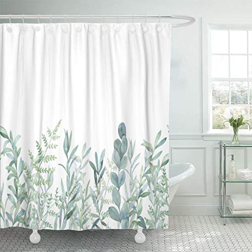 Emvency Fabric Shower Curtain Curtains with Hooks Green Eucalyptus Watercolor Floral Pattern Botanical Artistic Border Botany Bouquet Branch Christmas Clip 72'X72' Waterproof Decorative Bathroom