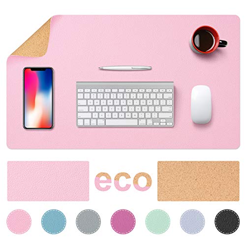 TESOBI Large Natural Cork & Leather Desk Pad, 24' x 14' Double-Sided Desk Protector, Smooth Surface Mouse Pad, Waterproof Desk Mat for Office/Home/Gaming (Light Pink)