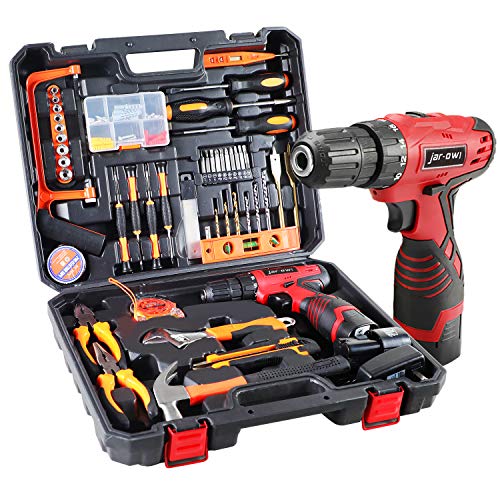 Power Tool Combo Kits, jar-owl Power Tool Set with 16.8V Cordless Drill, Hacksaw, Pliers, Claw-Hammer, Wrench, Box Cutter, Screwdrivers, Driver Bits and Tape Measure in Toolbox Storage Case