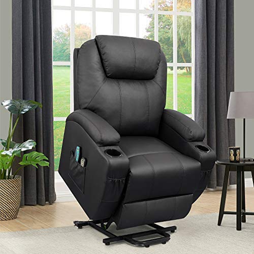 Flamaker Power Lift Recliner Chair PU Leather for Elderly with Massage and Heating Ergonomic Lounge Chair for Living Room Classic Single Sofa with 2 Cup Holders Side Pockets Home Theater Seat (Black)