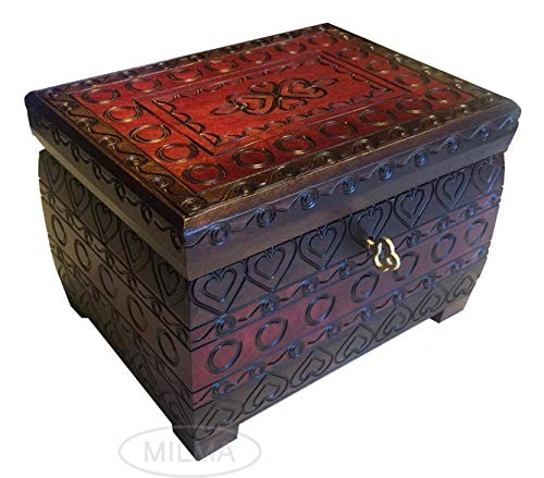 Polish Handmade Burned Chest w/ Lock & Key Linden Wood Jewelry Heart Keepsake Box