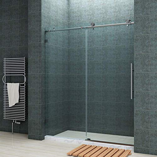 SUNNY SHOWER Fully 60' W x 72' H Frameless Sliding Shower Doors, 3/8' Clear Glass, Brushed Nickel Finish, Stainless Steel Hardware