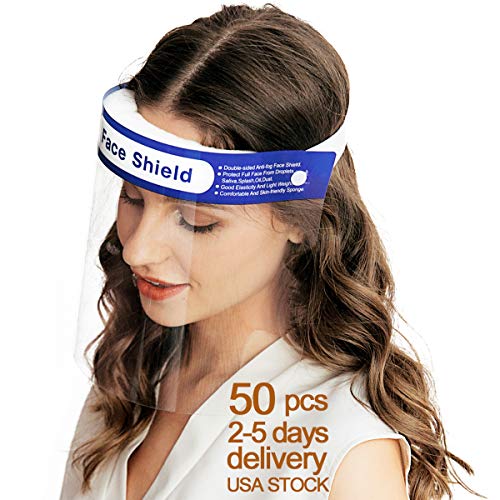 US Stock50 Pcs Safety Face Shield Reusable Full Face Transparent Breathable Visor respiratory protection anti-saliva visor anti-fog Shield Protect Eyes And Face With Protective Clear Film