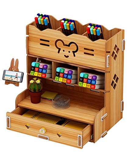 School Supply Storage DIY Wooden Desk Organizer with Drawer, Pen Holder Box Desktop Stationary for Students