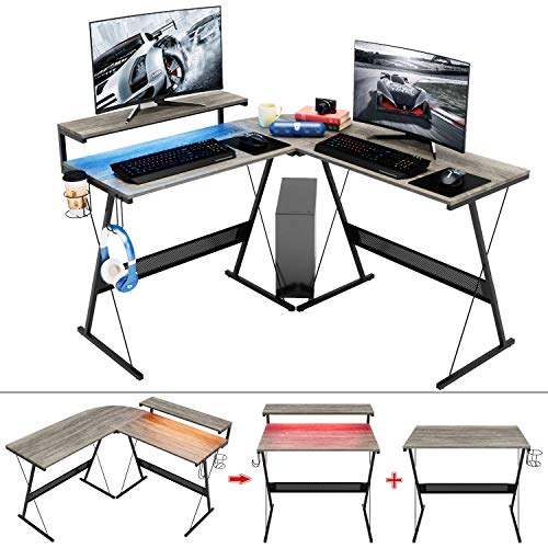 Domy Home L Shaped Computer Desk with Corner Desk,Gaming Desk RGB LED Lights Home Office Desk with Large Monitor Stand,PC Table Workstation Space-Saving, Easy to Assemble Grey Oak