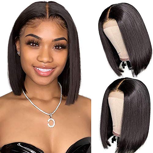 10 Inch Short Bob Wigs Human Hair Lace Closure Wigs Brazilian Virgin Human Hair Straight Bob lace Front Wigs For Black Women Pre Plucked with Baby Hair Natural Black