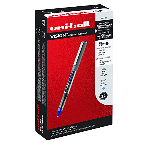 uni-ball Vision Rollerball Pens, Fine Point (0.7mm), Blue, 12 Count