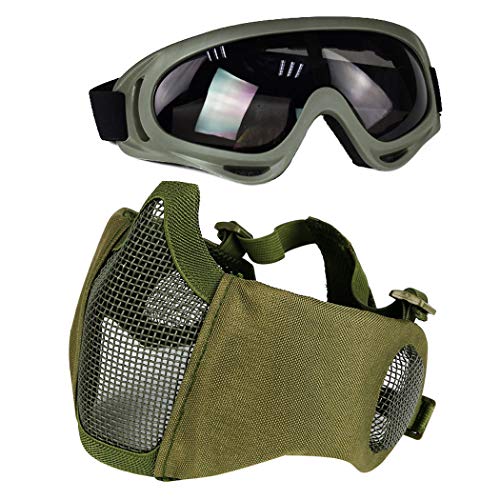 Aoutacc Airsoft Protective Gear Set, Half Face Mesh Masks with Ear Protection and Goggles Set for CS/Hunting/Paintball/Shooting (Green)