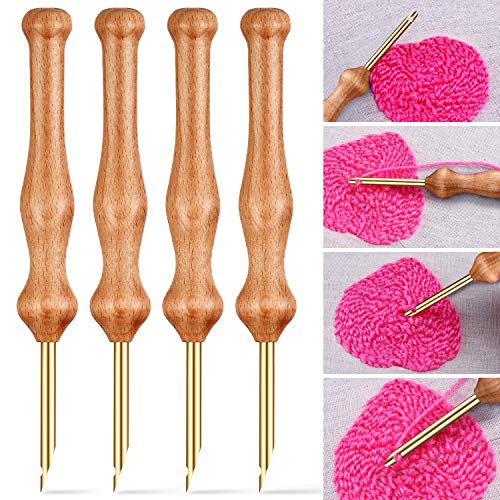 2 Sets Wooden Handle Embroidery Pens Sewing Embroidery Punch Needle Weaving Tools for DIY Craft Stitching Applique Embellishment
