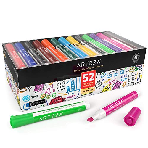 ARTEZA Dry Erase Markers, Bulk Pack of 52 (with Chisel Tip), 12 Assorted Colors with Low-Odor Ink, Whiteboard Pens for Back to School, Office, or Home