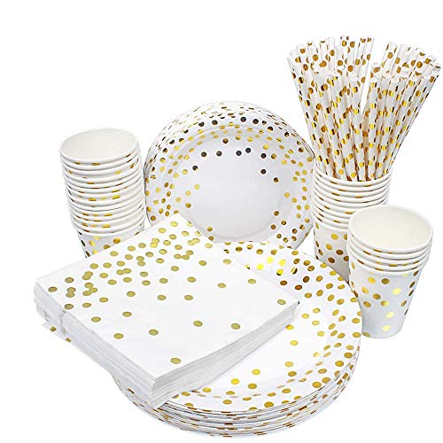 esafio 250 PCS Disposable Paper Plates Set Gold Dot Party Supplier,50 Dinner Plates 50 Dessert Plates 50 9oz Cups 50 Napkins 50 Straws for Birthday Party, Wedding, Baby Shower,Christmas,Serve 50